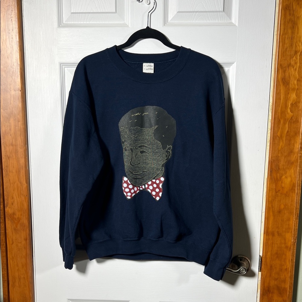 Men's Navy Crewneck Sweatshirt with Graphic Face and Red Polka Dot Bow